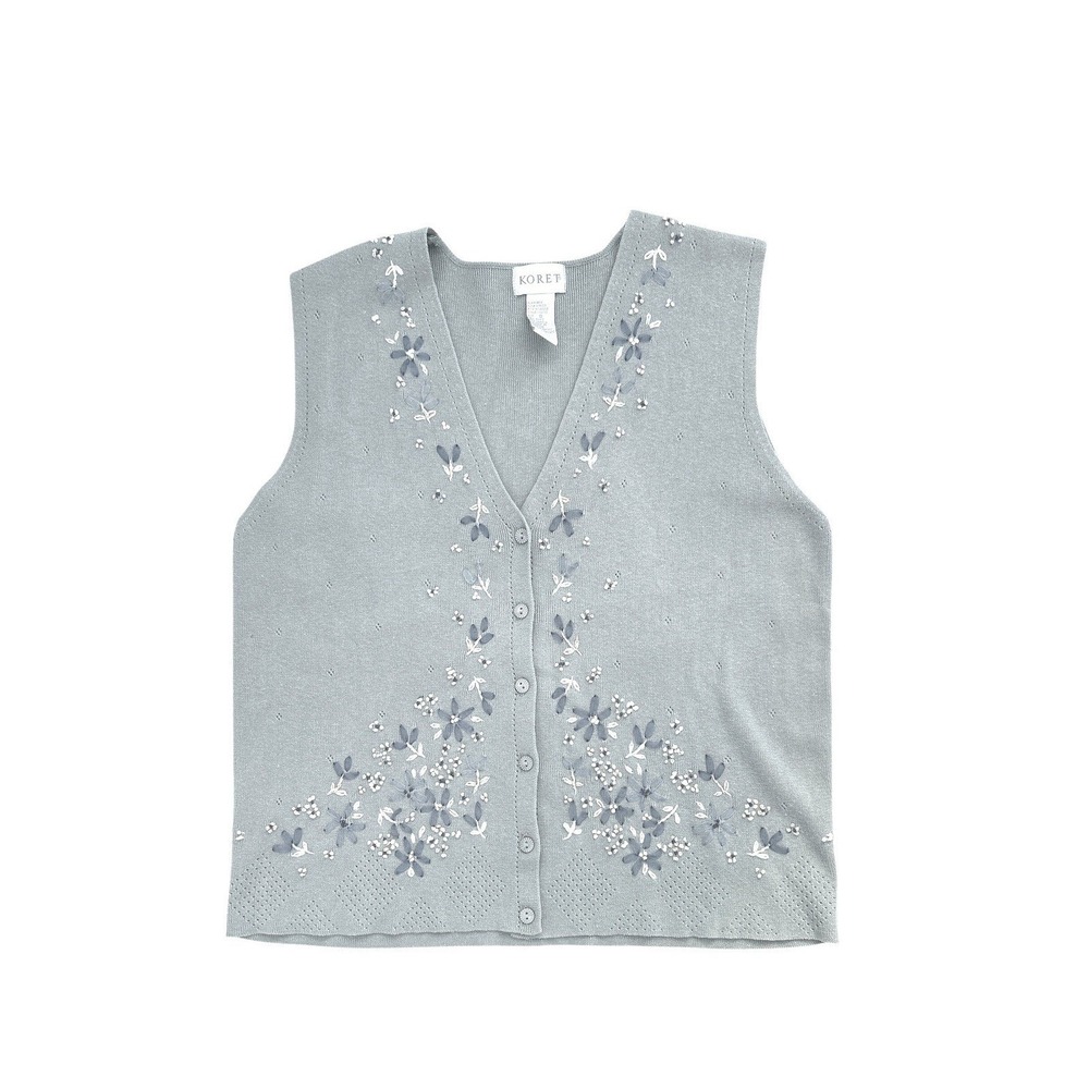 Koret Womens Green Embroidered Floral Knit Sweater Vest Oversized Small